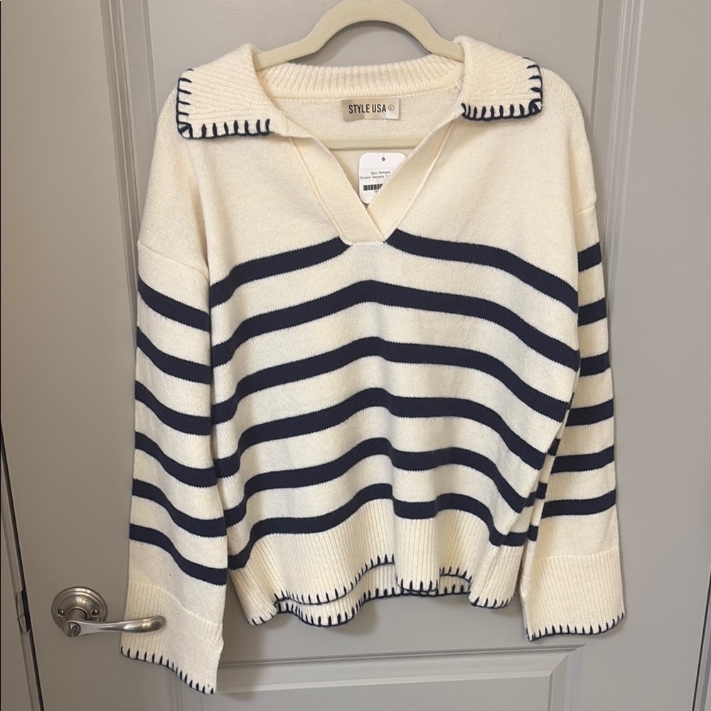 NWT Style USA Cream and Navy Striped Sweater size L